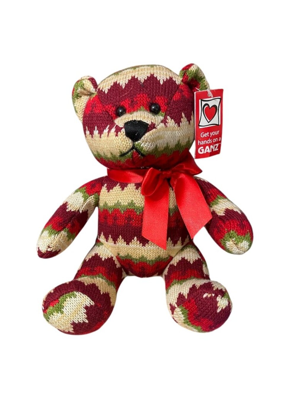 GANZ Vintage Holiday Knit MacMerry Christmas Zigzag Sweater Bear Plush 8.25"